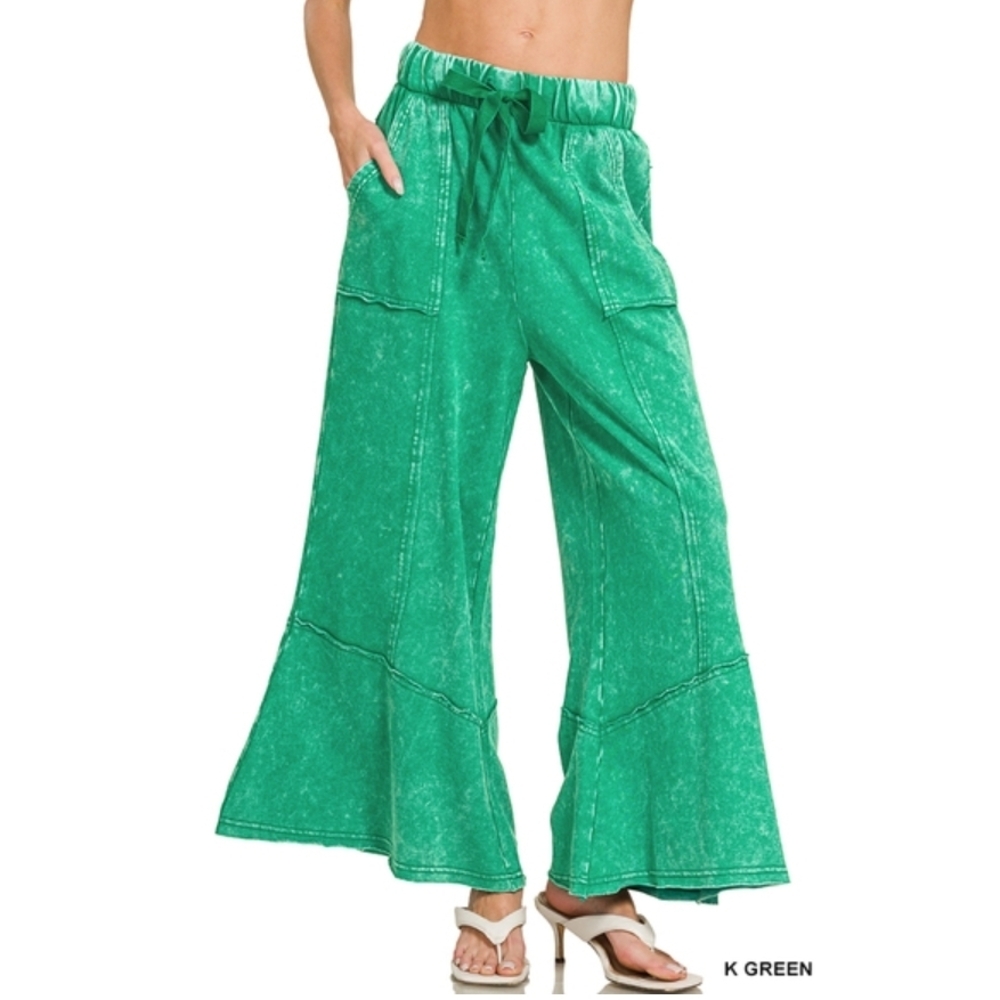 Z5 K-GRN Zenana Exposed Seam Flare Hem Pants with Pockets Var Sizes
